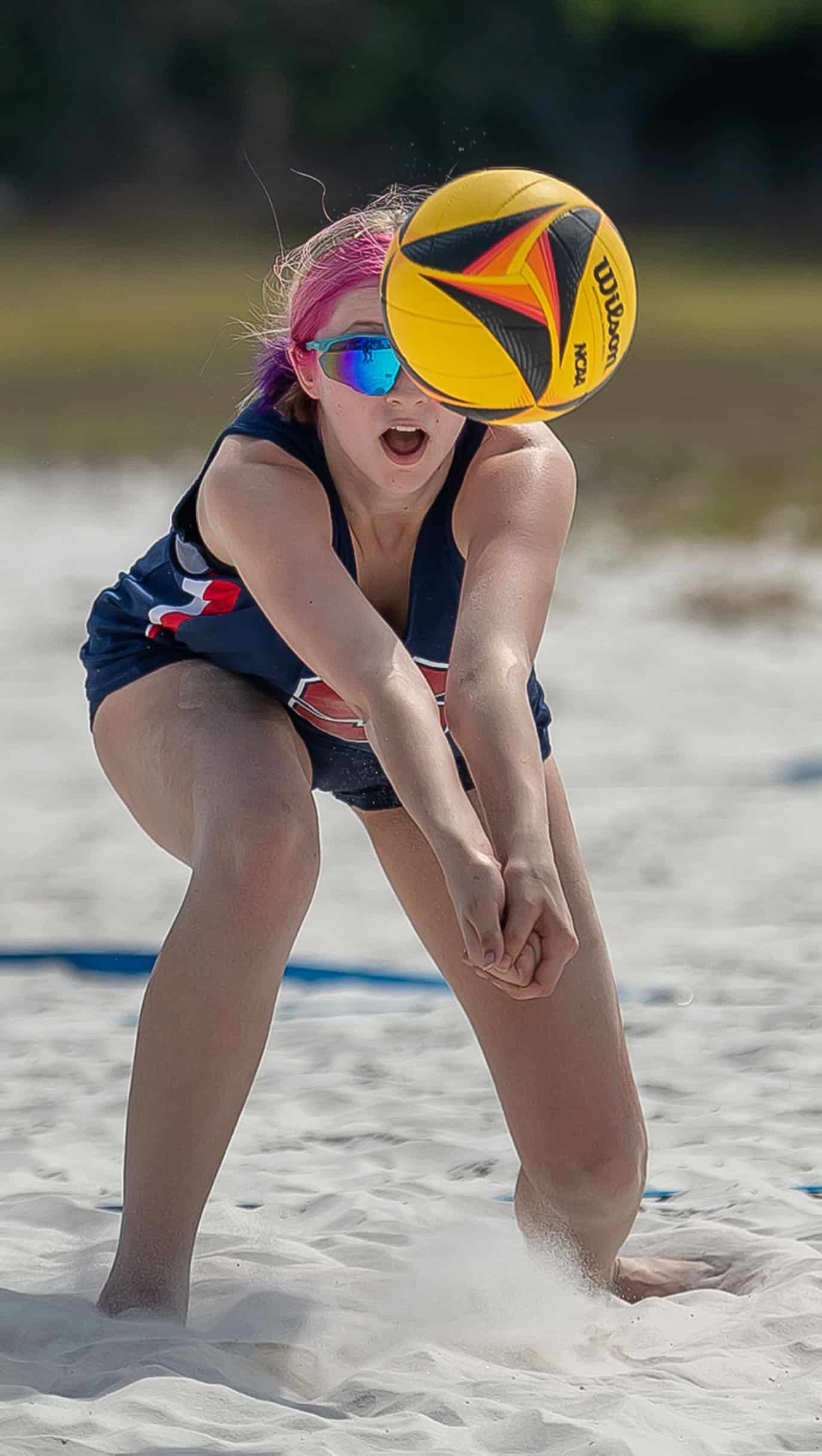 Springstead High, Kat Schrader returns a serve during Wednesday afternoon Beach Volleyball contest versus Nature Coast Tech at Bishop McLaughlin Catholic High School.photo by JOE DiCRISTOFALO