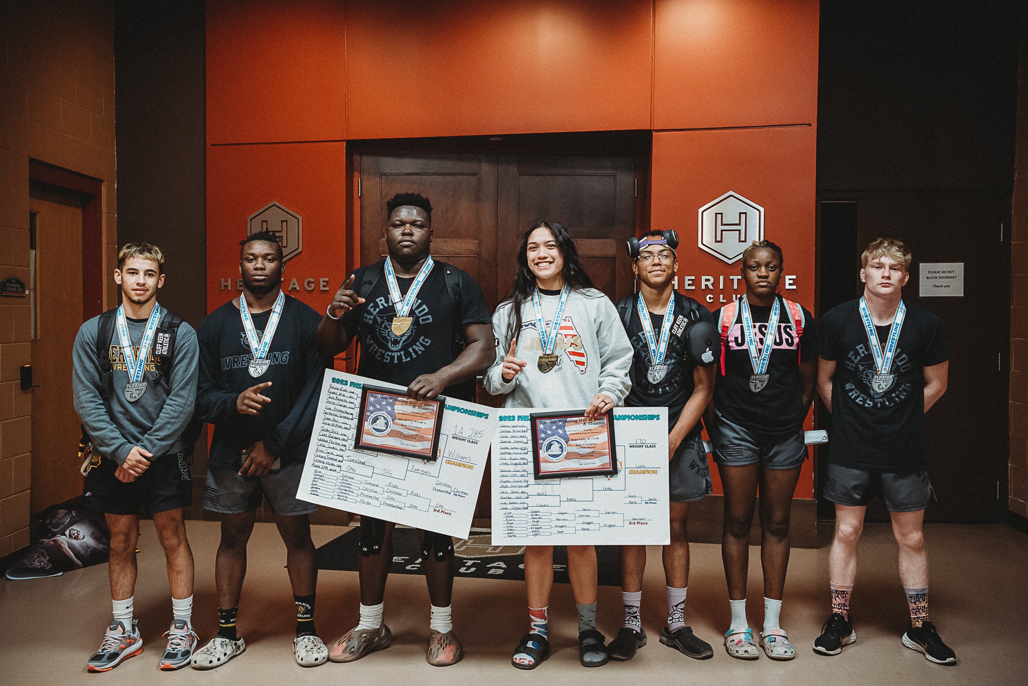 Hernando High School State Placers. Left to Right: Jordyn Valle 4th place, Jayshawn Nantce 6th place, Devin Williams State Champion, Grace Leota State Champion, James Gadson 4th place, Olivia Brown 8th place, TJ Rodier 6th place. 2023 State Championships, Kissimmee , Fla. Photo by Cynthia Leota.