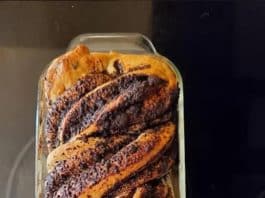 A beautiful chocolatey babka made by the Temple Beth David bakers for the upcoming Jewish Food Fest. Photo by Sue Quigley.