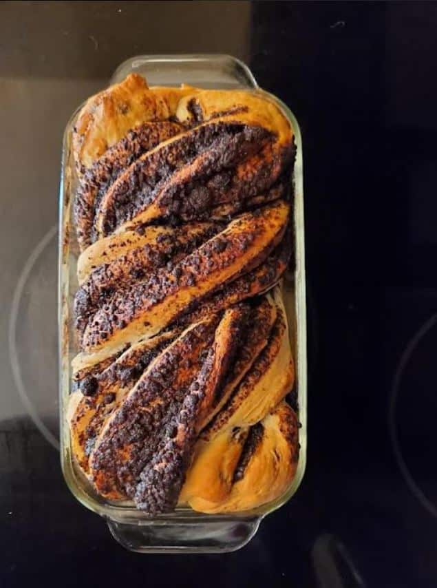 A beautiful chocolatey babka made by the Temple Beth David bakers for the upcoming Jewish Food Fest. Photo by Sue Quigley.