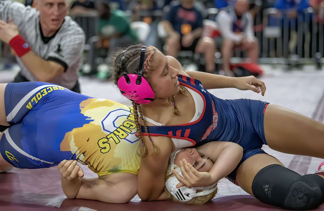 Springstead High’s 120-pound competitor, Jasmine Serrano, won over Paola Ramirez from Osceola in a consolation match at the FHSAA IBT Championships in Kissimmee. Photo by JOE DiCRISTOFALO