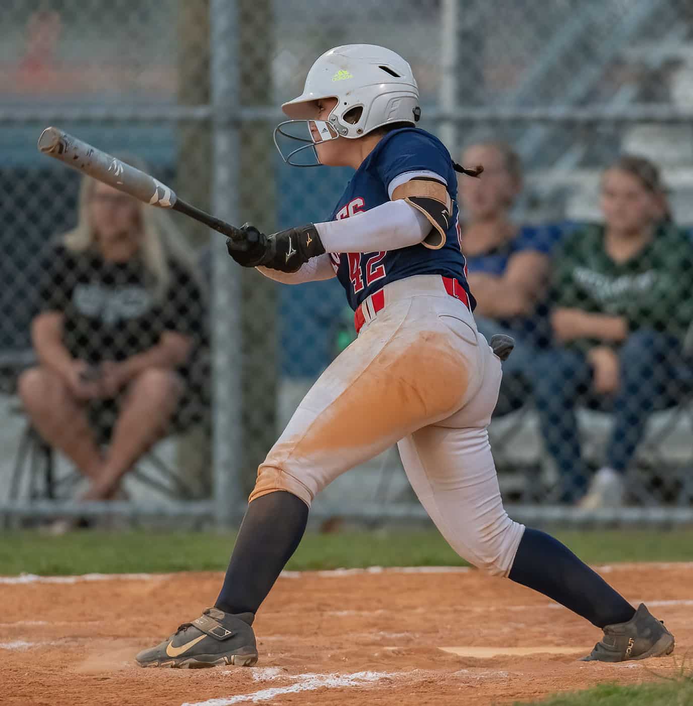 Springstead ,42, Sarah Torres watches her line drive double to right field in the game with visiting Weeki Wachee High. Photo by JOE DiCRISTOFALO
