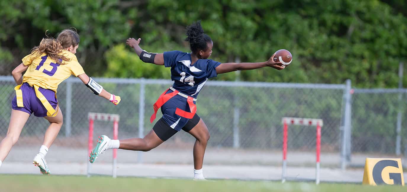 Springstead High’s , JZ Munford, 14, stretches for the goal line for a touchdown early in the flag football match versus visiting Hernando High. Photo by JOE DiCRISTOFALO