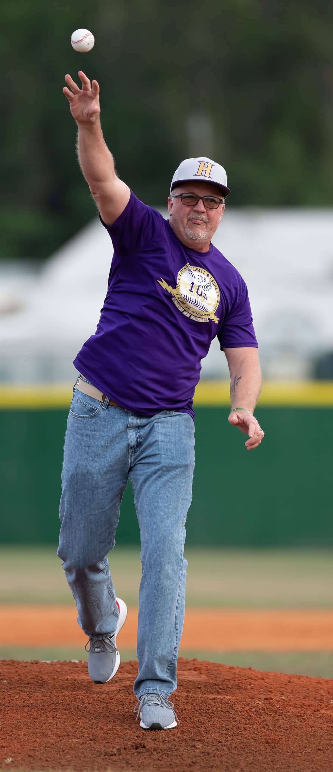 Brent Young throwing out the 1st pitch Tuesday evening before the game between Springstead and Hernando to honor Justin Young. Photo by JOE DiCRISTOFALO