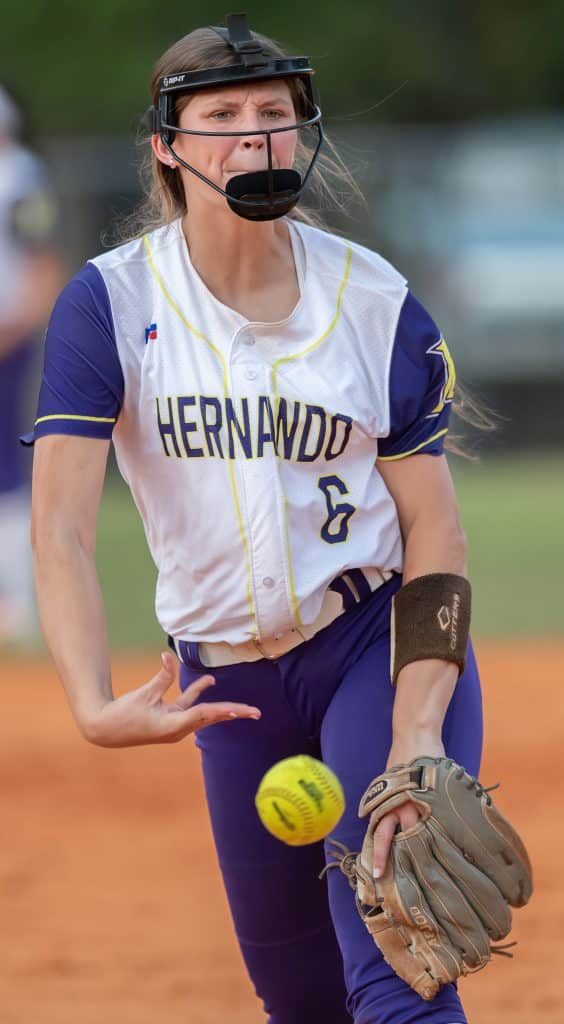 Hernando High’s Ava Braswell shows her determination pitching against Citrus High Wednesday, 4/19/23, at Tom Varn Park. She threw a complete game shut out with nine strikeouts. Photo by JOE DiCRISTOFALO