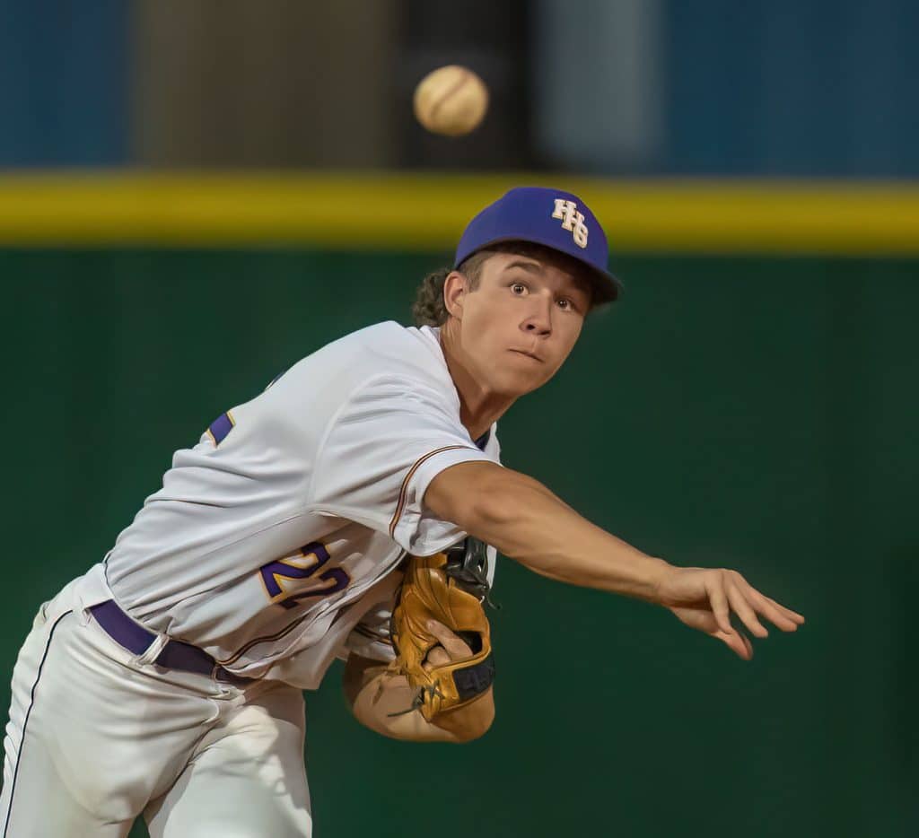 Drew Vanalstine, Hernando High shortstop, throws to first to record an out during the game with Lecanto High Friday, 4/21/23, in Brooksville. Photo by JOE DiCRISTOFALO