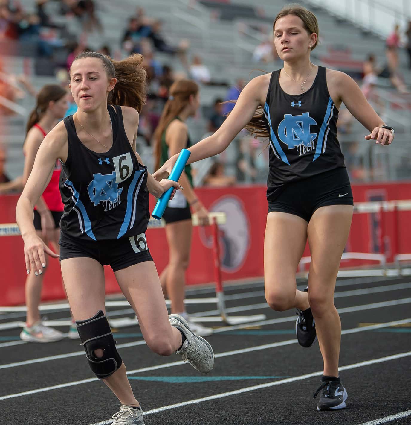 Nature Coast , Addison Cunene and Baileigh Crandell competed in th 4 x 800 relay at the Springstead Eagle Twilight Track Meet Wednesday. Photo by JOE DiCRISTOFALO