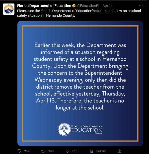 Florida Department of Education Twitter post April 14, 2023.