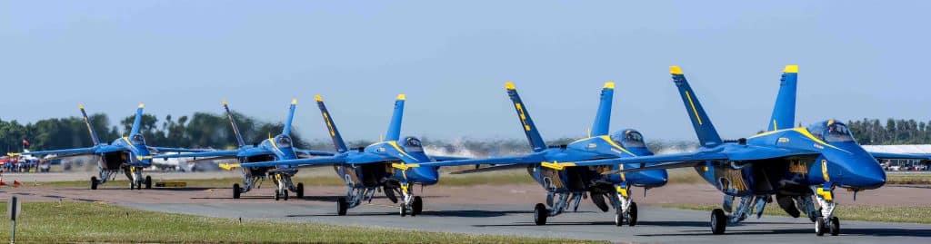 The US Navy Blue Angels demonstration team arrives at Lakeland’s Linder Airport. Photo credit: Mark Stone