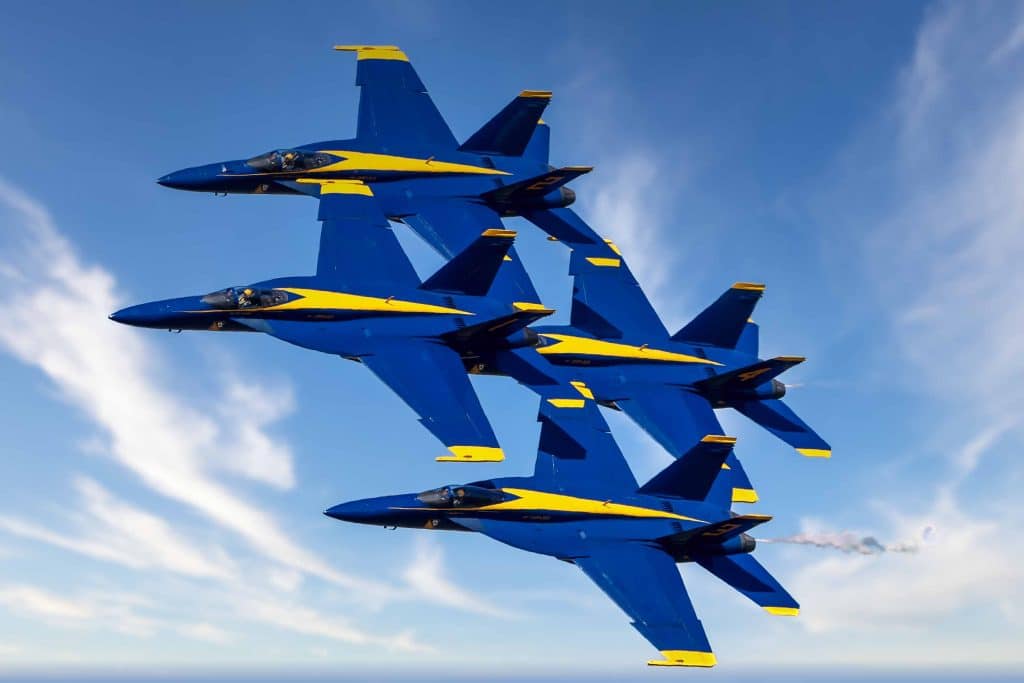 Four of the Blue Angels’ F-18 Super Hornets fly in a tight diamond formation. Photo credit: Mark Stone