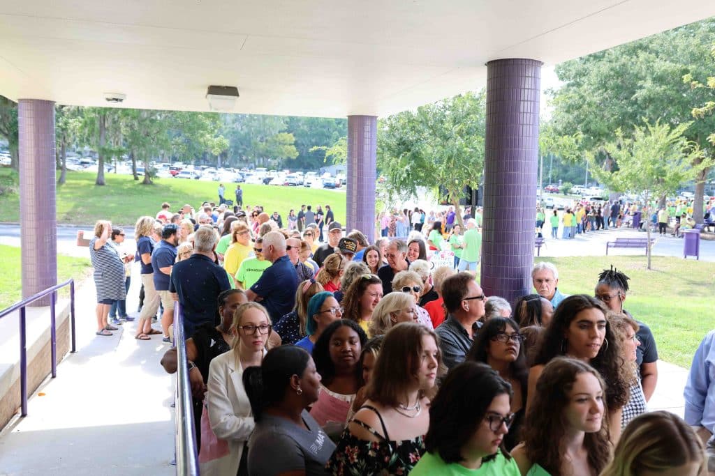  Crowds gather outside of the Hernando County School Board Meeting on May 30th. Photo by Mark Stone.