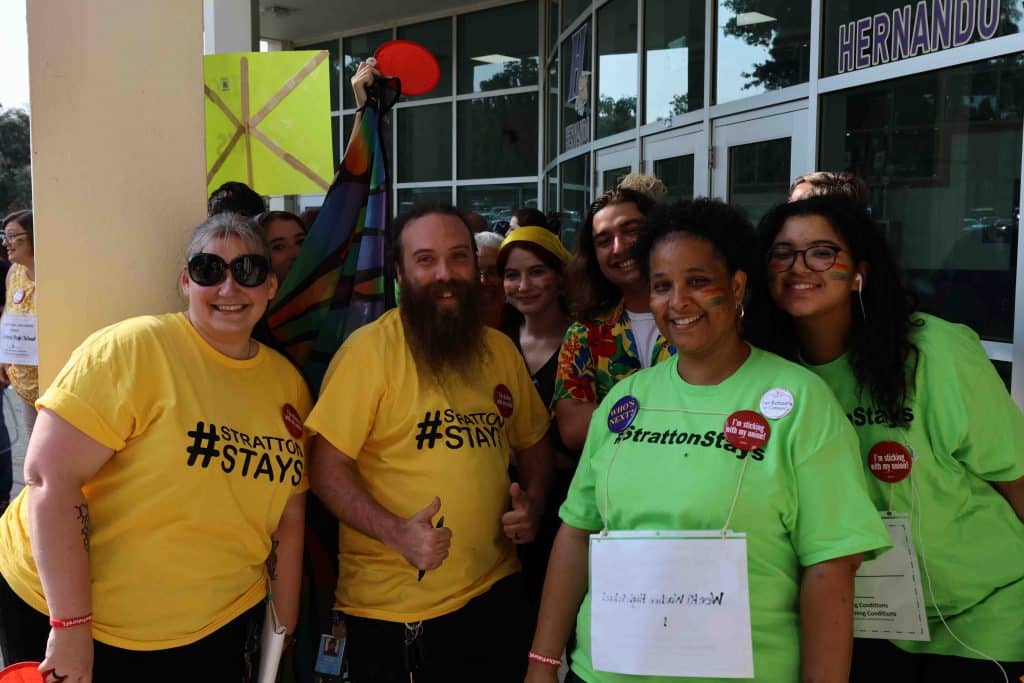  A group of teachers prepares to attend the meeting in support of Superintendent Stratton. Photo by Mark Stone. 