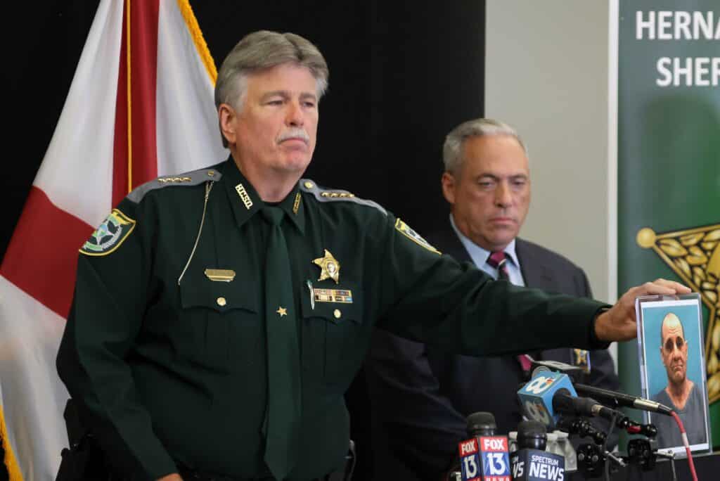 Hernando County Sheriff Al Nienhuis announces the arrest of Jeffrey Norman Crum (61) for the 1993 murder of Jennifer Odom. Photo: Mark Stone/FMN