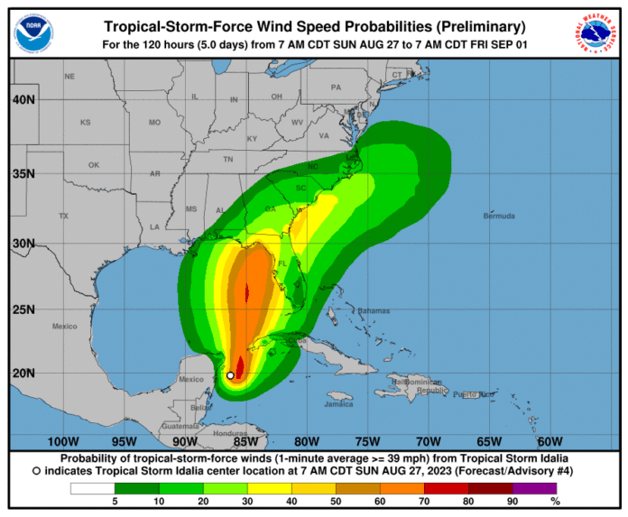 NOAA preliminary wind speed probabilities for TS Idalia 8/27 through 7/1