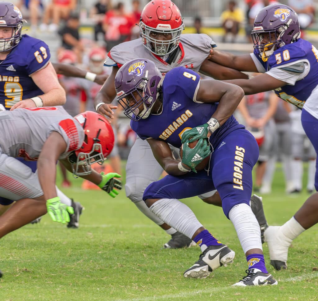 Hernando High’s ,9, John Capel III, readies for a hit during Friday nights preseason game with Clearwater High in Brooksville. Photo by JOE DiCRISTOFALO