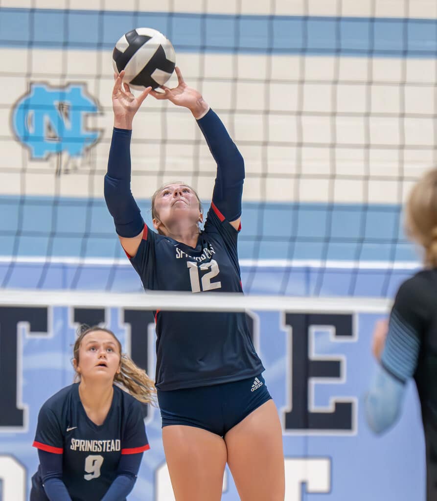 Springstead High, 12, Emily Miller, sets the ball during tuesday's match at Nature Coast. Photo by Joe DiCristofalo