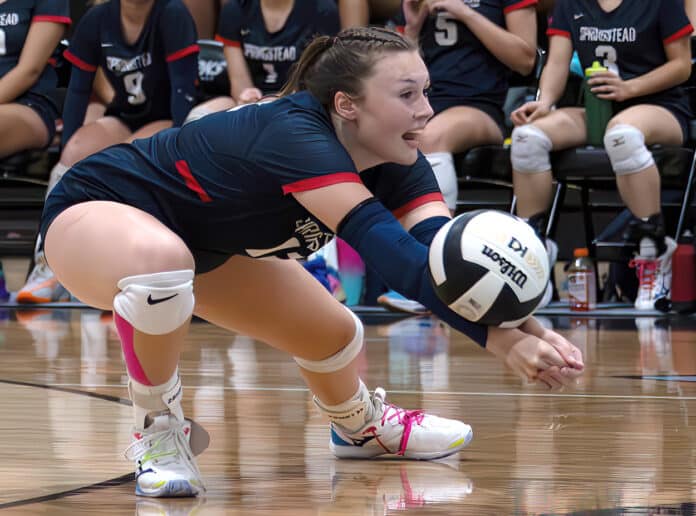 Springstead High, 12, Emily Miller, digs a volley during the match at Nature Coast. Photo by Joe DiCristofalo