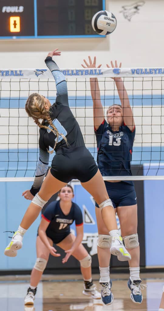 Nature Coast Tech, 3, Ava Pontrelli sends a shot over the defense by Springstead High, 13, Lucy Waggoner during the match at Nature Coast. Photo by Joe DiCristofalo