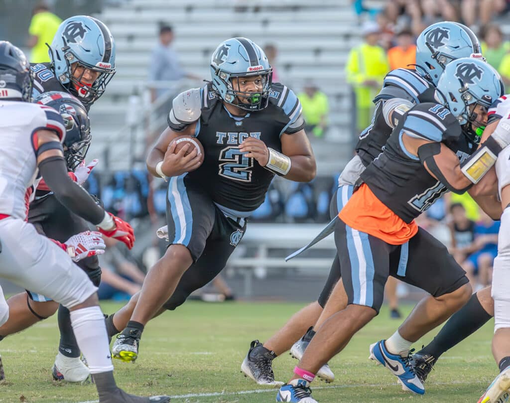 Nature Coast running back, Christian Comer, scored a touchdown and a game tying 2point conversion to knot the game at 14-14 late in the fourth quarter. Photo by Joe DiCristofalo