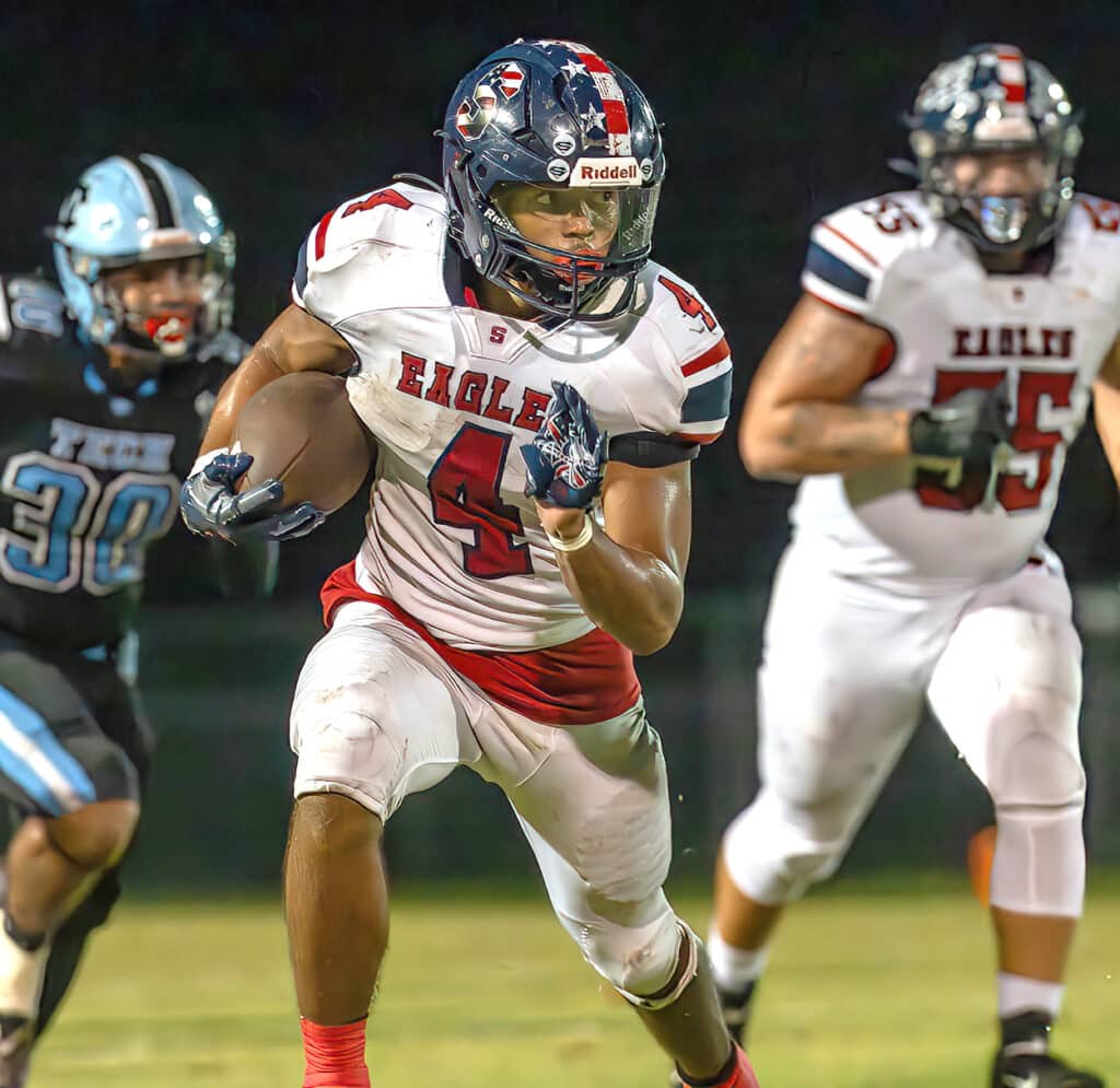 Springstead High’s Connor McCazzio , who had the game clinching 50 yard touchdown run , finds running room on this play Friday night versus home team Nature Coast.