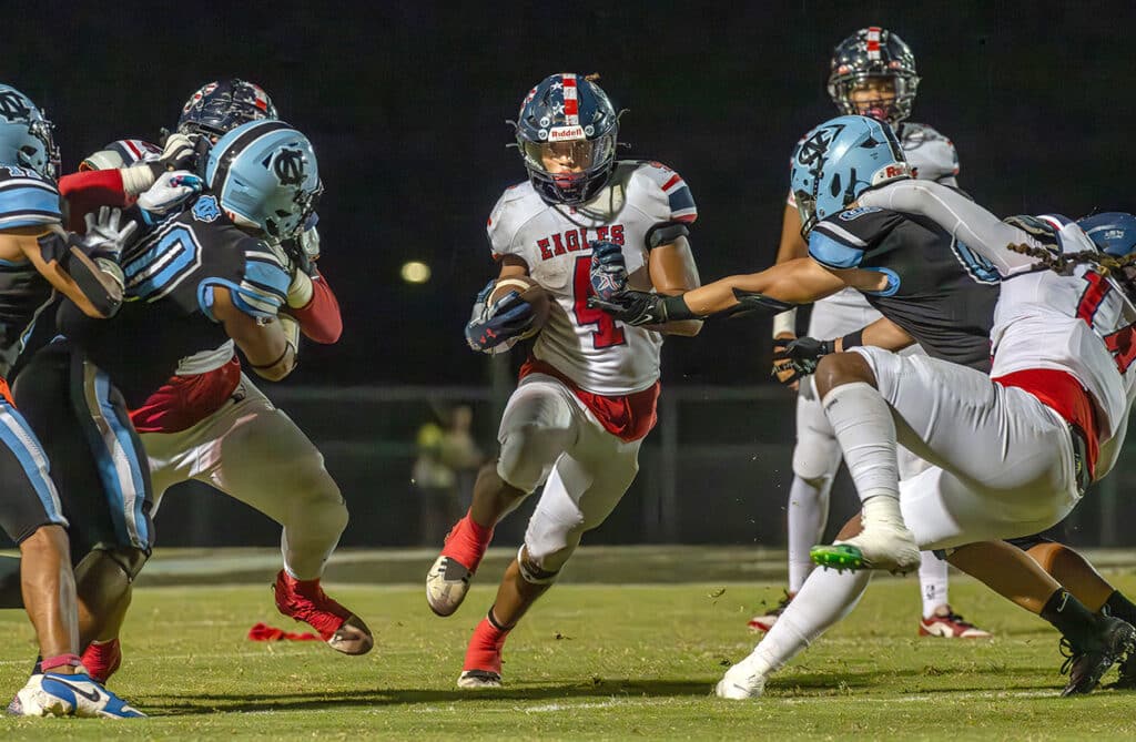 Springstead High’s Connor McCazzio , who had the game clinching 50 yard touchdown run , finds running room on this play Friday night versus home team Nature Coast. Photo by Joe DiCristofalo