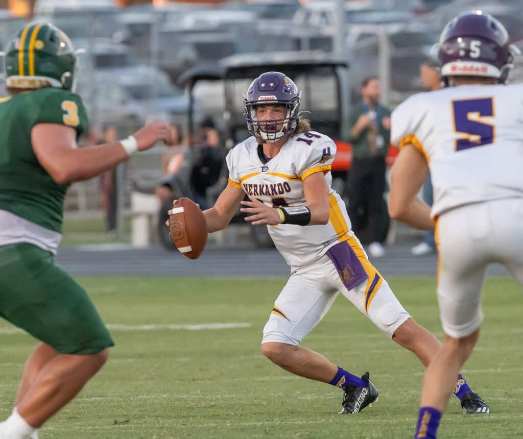 Hernando High’s, 10, quarterback Michael Saltsman, looks for an open receiver Friday in Lecanto. Photo by Joe DiCristofalo 9/22/23.