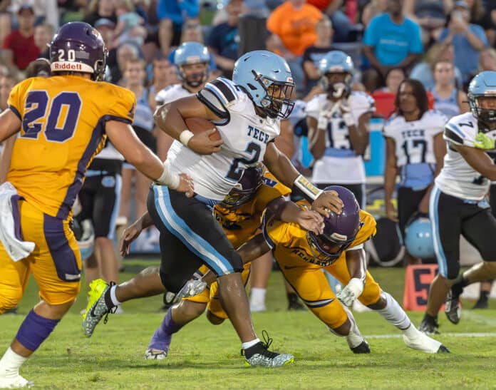 Nature Coast running back, 2, Christian Comer exploits the middle of Hernando High’s defense in the 27-0 victory Photo by JOE DiCRISTOFALO