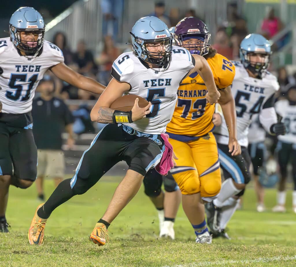 Jackson Hoyt, Nature Coast QB , 5, used his to good effect in the 27-0 away win at Tom Fisher Stadium. Photo by JOE DiCRISTOFALO