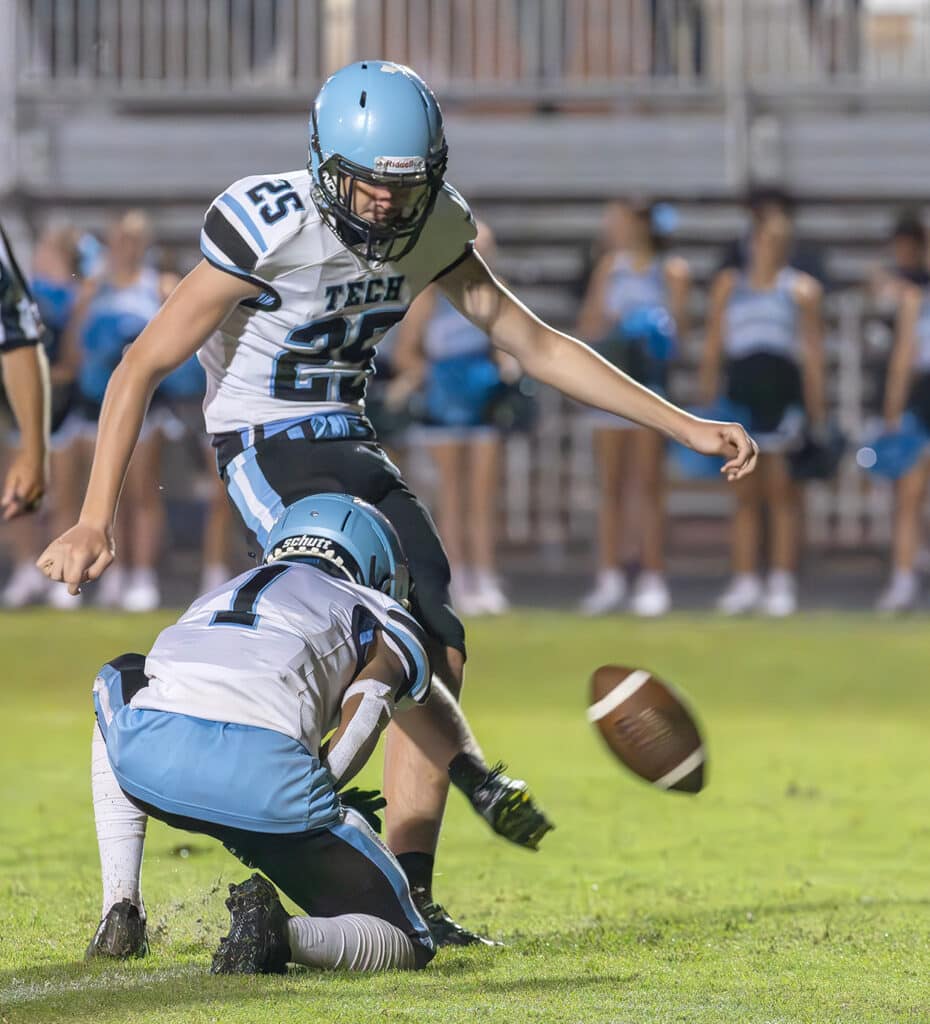 Nature Coast ,25, placekicker, Jacob Florkowski added three of four extra point attempts in the shut out win over home team Hernando High Friday night. Photo by JOE DiCRISTOFALO