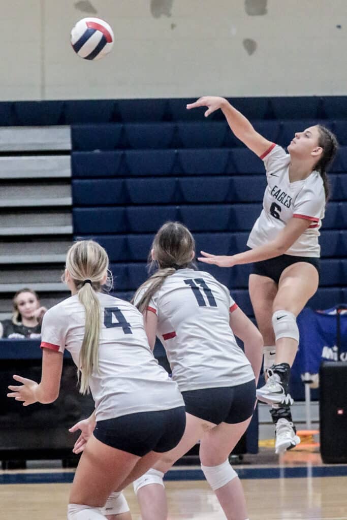 Monday night October 16, 2023 Girls Volleyball Distict Tournament Playoff Pinellas Park vs Springstead. Eagles' #6 Fr Paloma Verde returns ball to Patriots. [Credit: Cheryl Clanton]