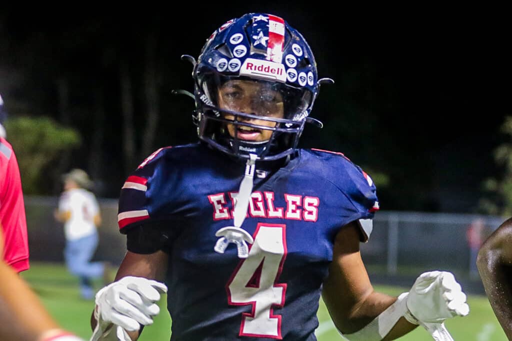 At the Stead Friday night Sept. 29, 2023 Varsity Football. Eagles #4 Connor Mccazzio comes in for a breather after taking the ball all the way for a touch down against Wiregrass Bulls. [Credit: Cheryl Clanton]