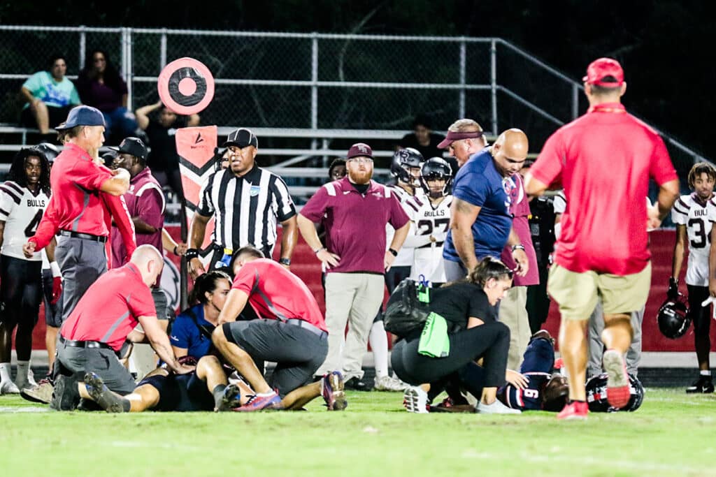 At the Stead Friday night Sept. 29, 2023 Varsity Football. In the game against Wiregrass, two Eagles go down hurt,#5 Jadon Jaimes and #6 Iree Burgos. Both walked off the field. [Credit: Cheryl Clanton]