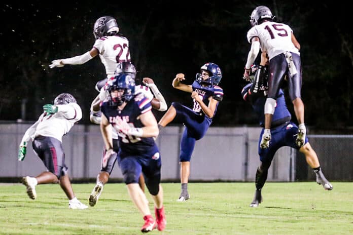 Friday Sept 29, 2023 at the Stead, Varsity Football Springstead against Wiregrass Bulls Eagle #10 Raul Maldonado kicks field goal and scores. [Credit: Cheryl Clanton]