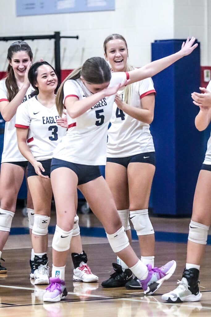 Monday night October 16,2023 at the Stead, Eagles were introduced to crowd and each player did the Dab - Eagle #5 Jr. Rylynn Lanziero [Credit: Cheryl Clanton]