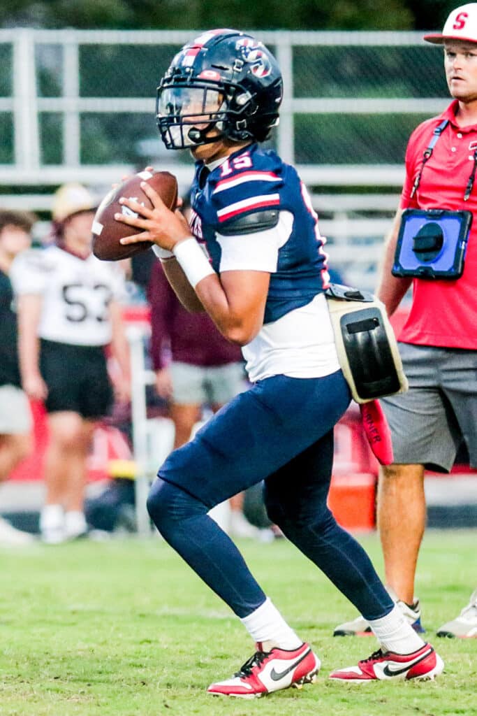 Friday Sept 29, 2023 at the Stead, Springstead Eagle QB #15 Gio Martinez warming up before the game against Wiregrass varsity football game [Credit: Cheryl Clanton]