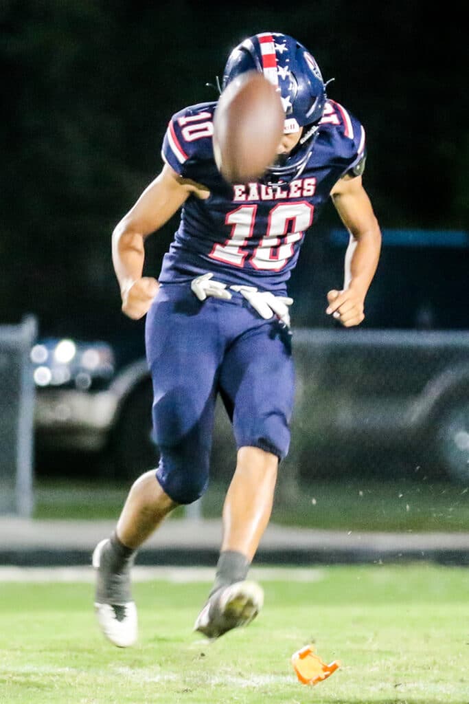 Friday Sept 29, 2023 at the Stead, Varsity Football Stringstead Eagle #10 Raul Maldonado kicks off the game against Wiregrass Bulls. [Credit: Cheryl Clanton]