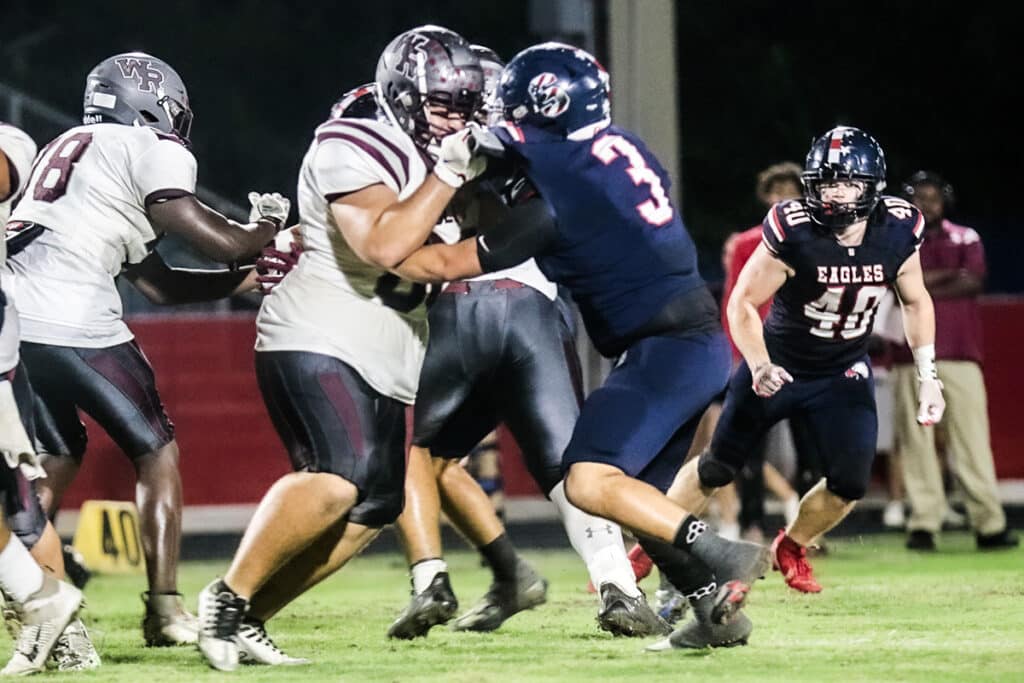 At the Stead Friday night Sept. 29, 2023 Varsity Football. Eagles #3 PJ Class takes the Bull by the horns. [Credit: Cheryl Clanton]