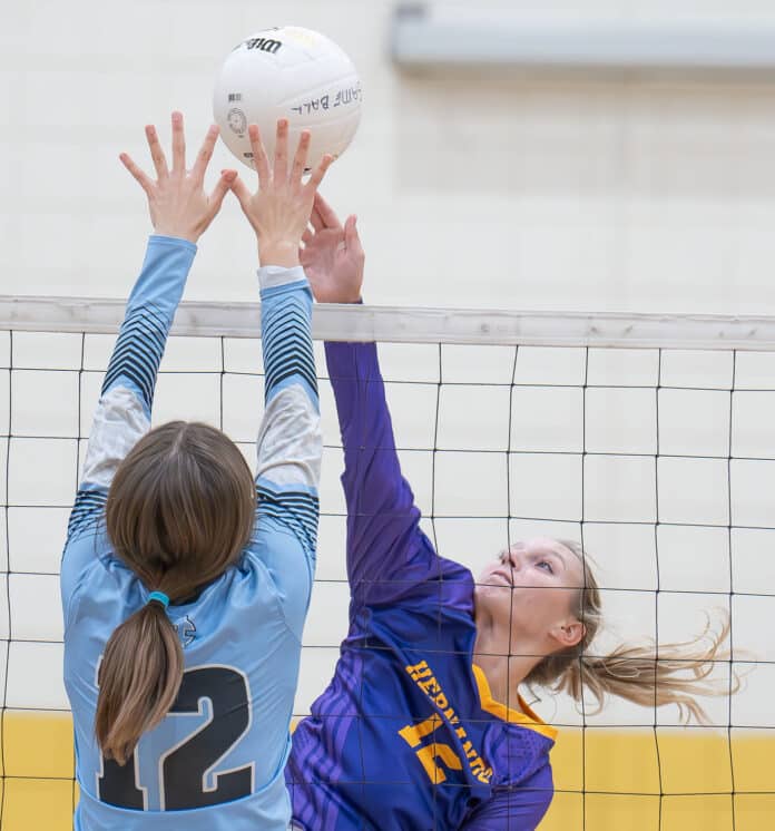 Hernando High, 12, Bailey Poe attempts to hit past Nature Coast ,12, Ava Ferlita. Photo by Joe DiCristofalo