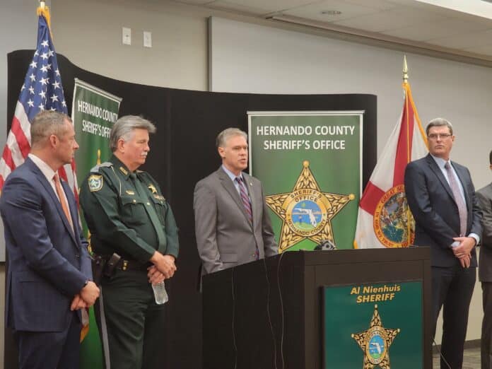 From left to right: Kirk Howard, Sheriff Al Nienhuis and Roger Handberg explain the details of arrests made in the Isabella Scavelli murder case, on Nov. 2, 2023. [Credit: Austyn Szempruch]