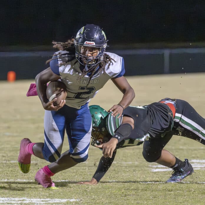 Central High, 2, Timothy Gaynor got the Bears to the 6 yard line on this run late in the fourth quarter in Oct. 2023 at Weeki Wachee High. [Credit: Joe DiCristofalo]