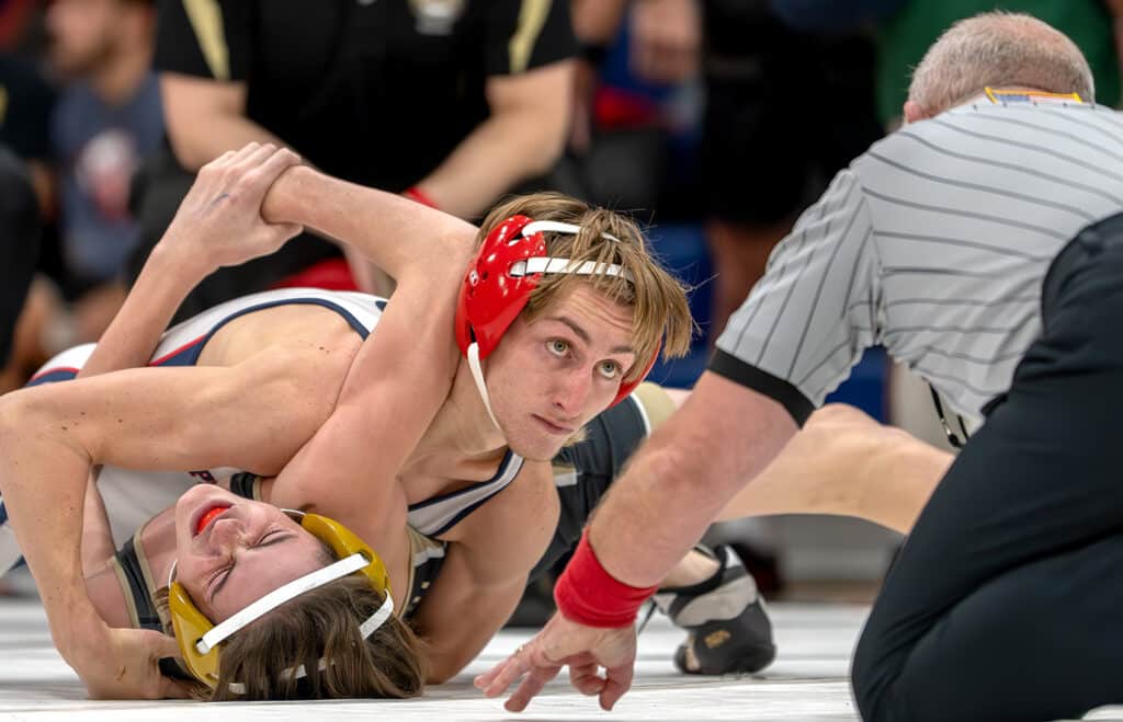 Springstead High’s Vincenzo Lee finished Mitchell High’s Cameron Ciske at 0:37 in the 113 pound bracket in the Corey Hill Memorial Invite at Springstead High. 