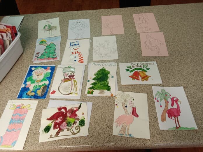 Christmas cards by Brooksville Healthcare Center residents. [Credit: G. Valentin]