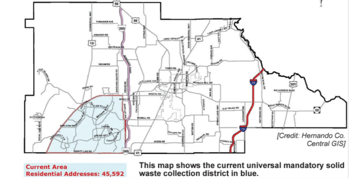 This map shows the current universal mandatory solid waste collection district in blue.