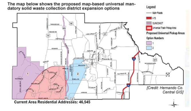 The map below shows the proposed map-based universal mandatory solid waste collection district expansion options.