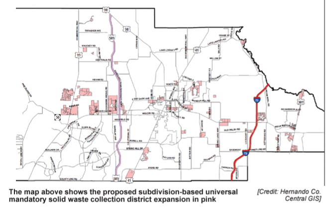 The map above shows the proposed subdivision-based universal mandatory solid waste collection district expansion in pink.