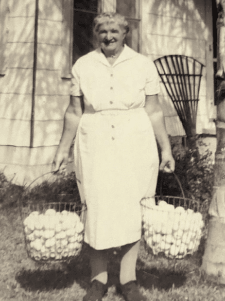 Grandma Pribula was a hard worker. She easily carried two full baskets of eggs, one in each arm! [Provided by Judy Warnock]