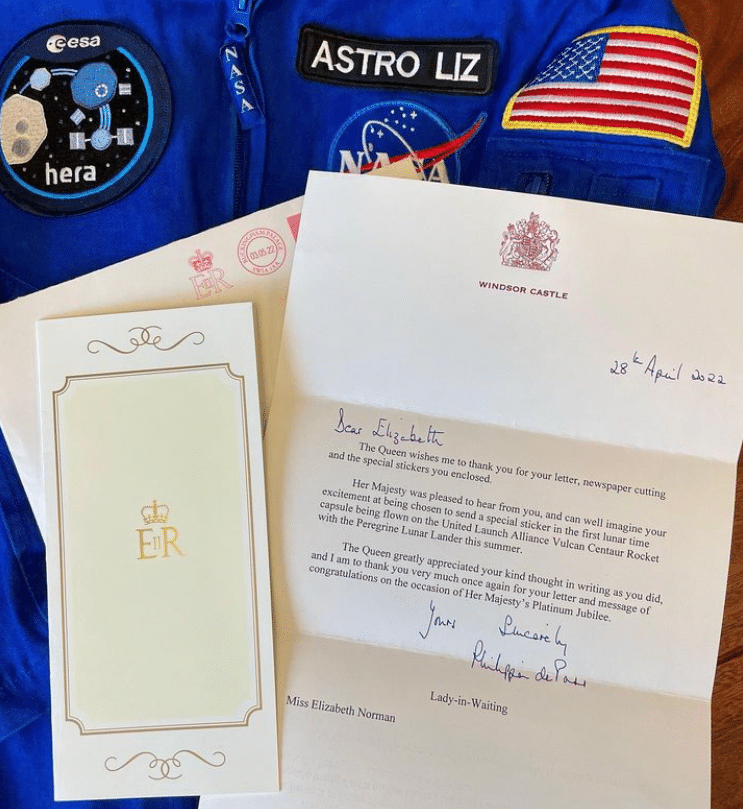 A congratulatory letter written to Astro Liz on behalf of Queen Elizabeth of England Photo: Jennifer Norman