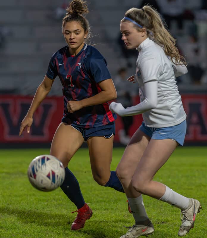 Springstead High, 7, Ava Kanaar and Nature Coast Tech, 2, Hailee Wagner vie for a loose ball Wednesday night at Springstead. Photo by Joe DiCristofalo