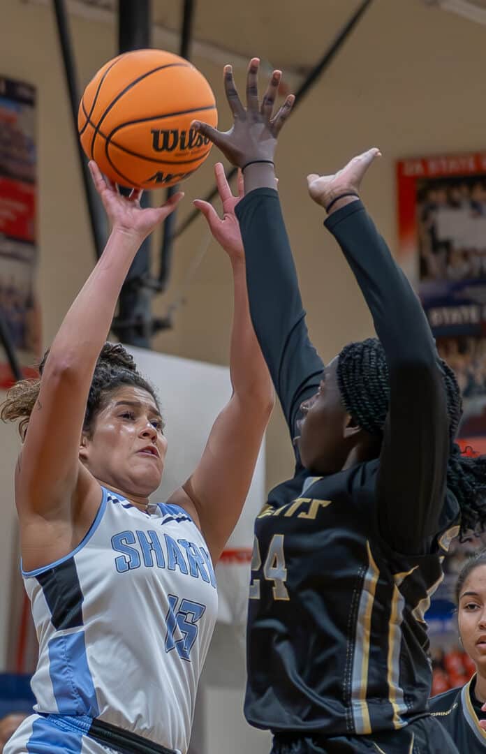 Nature Coast Tech ,15, Isabella Castillo tries to shoot over East Ridge High, 24, Keemlynn Jean in the Springstead Holiday Tournament. [Credit: Joe DiCristofalo]