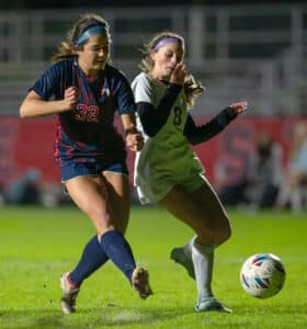 Springstead High’s ,32, Sidney Anderson and Hernando High’s ,8, Skyla McCorts vie for possession of the ball Wednesday at Springstead High. Photo by Joe DiCristofalo